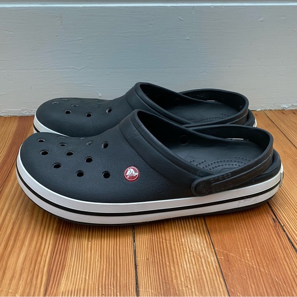 Crocs Mens 11 Crocband Clogs Black White Rubber Slip-On Straps Round Toe Casual - Picture 1 of 7